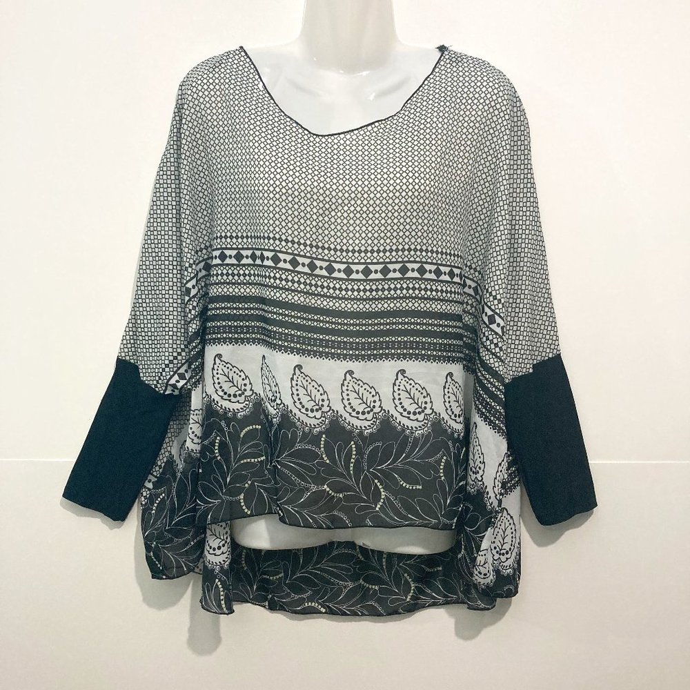 Fury Blouse Top Silk Blend Made in USA Geometric Black High low hem Sheer L